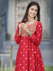 Women Red Rayon Festive Foil Printed Anarkali Flared Anarkali Kurta