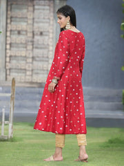 Women Red Rayon Festive Foil Printed Anarkali Flared Anarkali Kurta