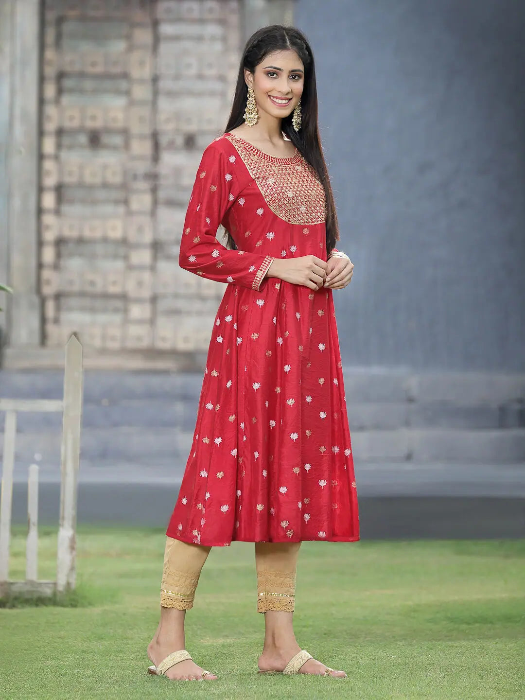 Red Floral Anarkali Kurta | Festive Foil Printed Anarkali Gown