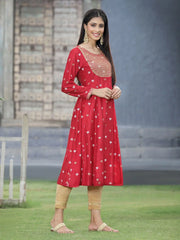 Women Red Rayon Festive Foil Printed Anarkali Flared Anarkali Kurta