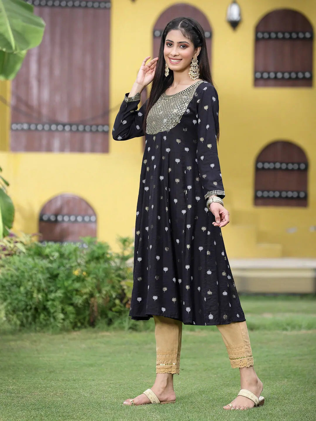 Black Foil Printed Anarkali Kurta - Rayon Anarkali Gown