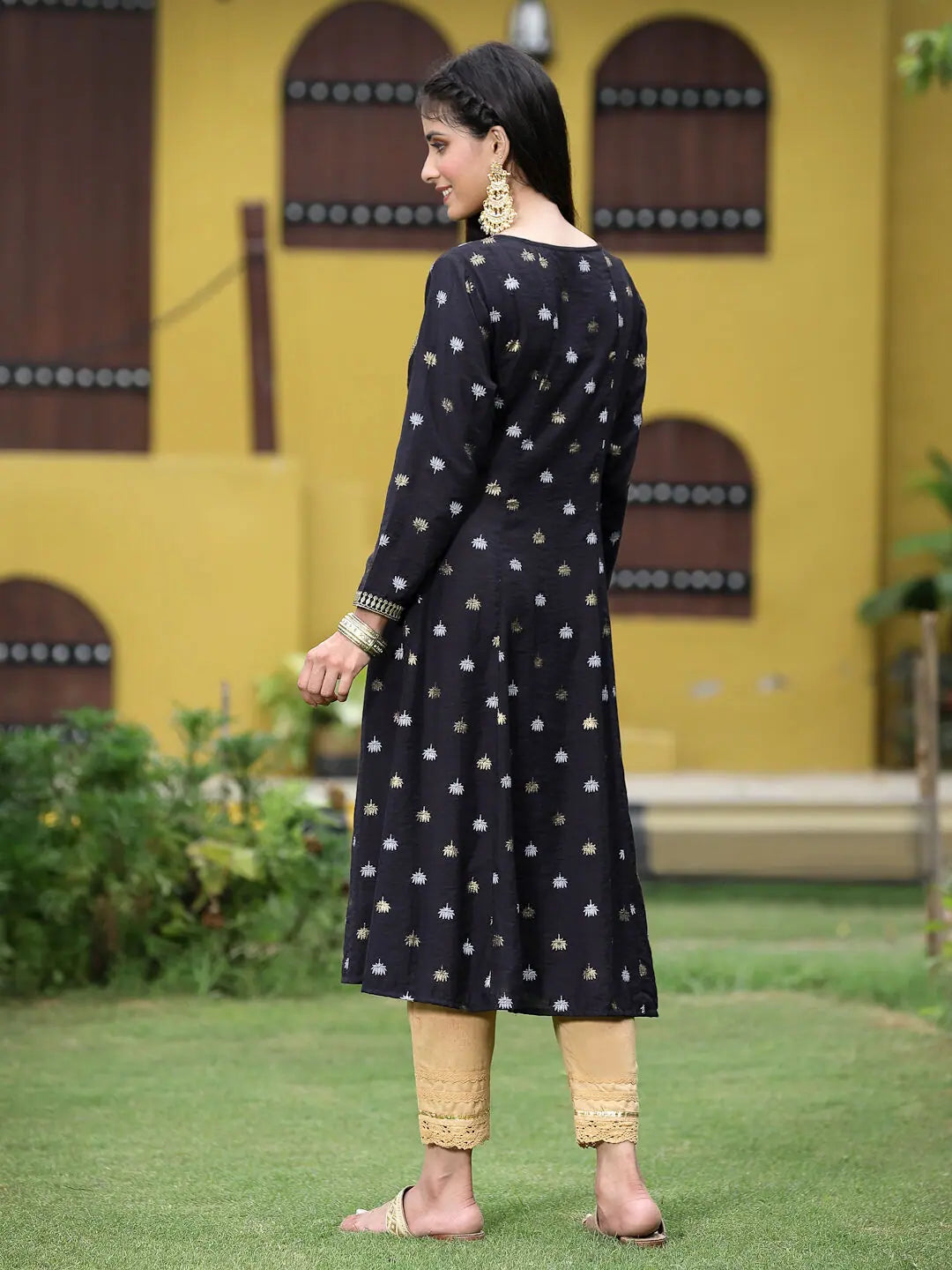 Black Foil Printed Anarkali Kurta - Rayon Anarkali Gown