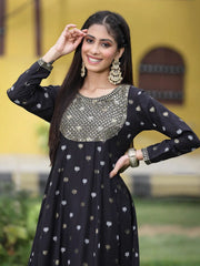 Women Black Rayon Festive Foil Printed Anarkali Flared Anarkali Kurta
