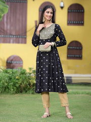 Women Black Rayon Festive Foil Printed Anarkali Flared Anarkali Kurta