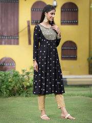 Women Black Rayon Festive Foil Printed Anarkali Flared Anarkali Kurta