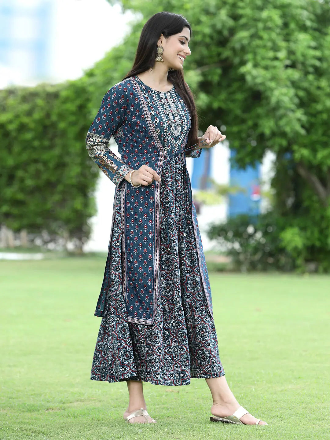 Teal Tiered Kurta: Floral Cotton Indian Kurta for Festivities