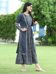 Women Teal Chanderi Festive Printed Tiered Kurta