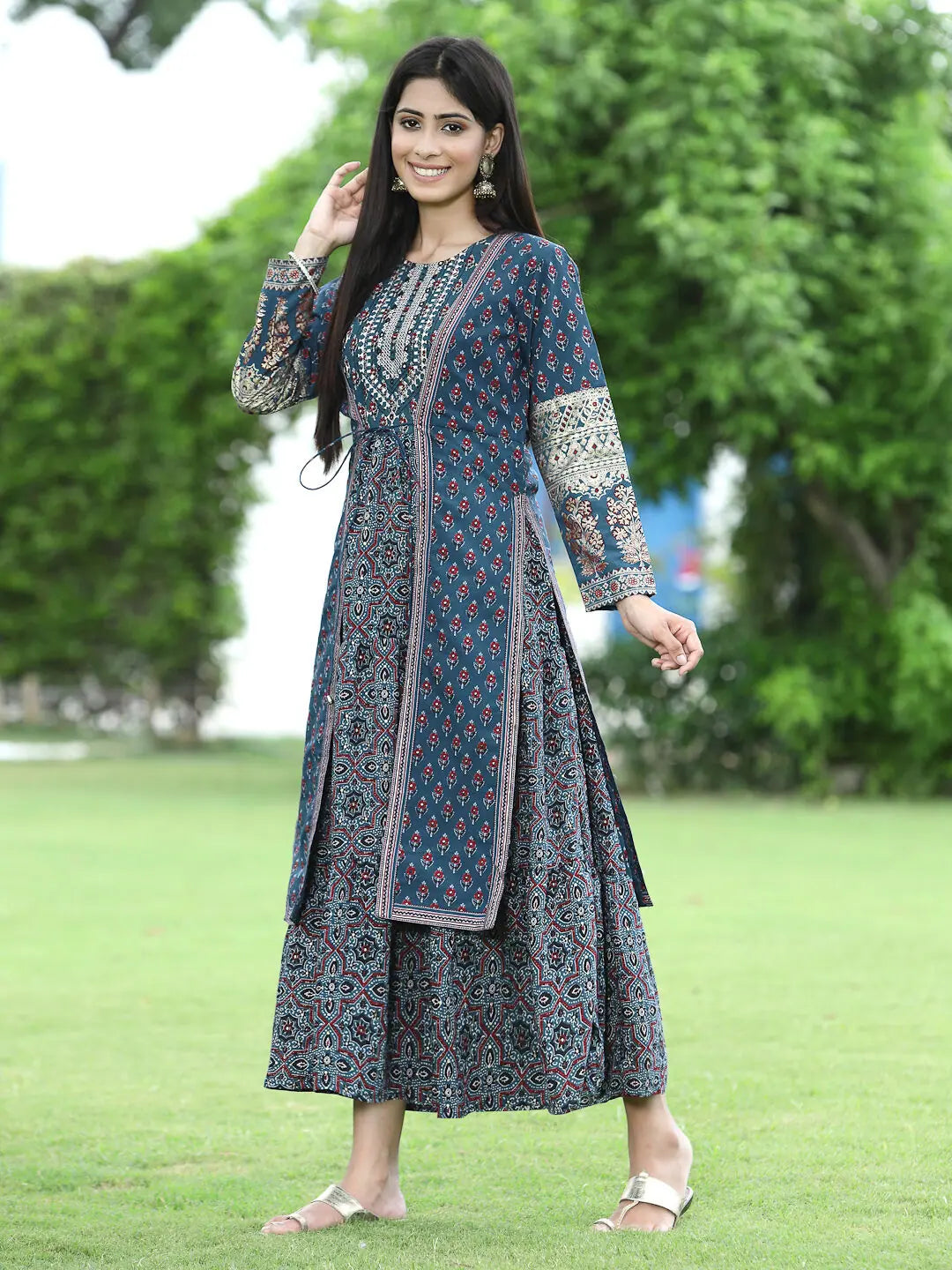Teal Tiered Kurta: Floral Cotton Indian Kurta for Festivities