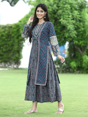 Women Teal Chanderi Festive Printed Tiered Kurta