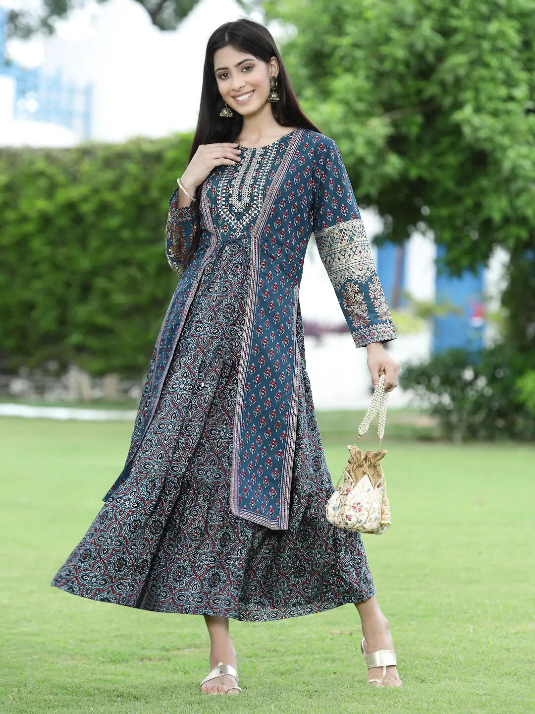 Teal Tiered Kurta: Floral Cotton Indian Kurta for Festivities