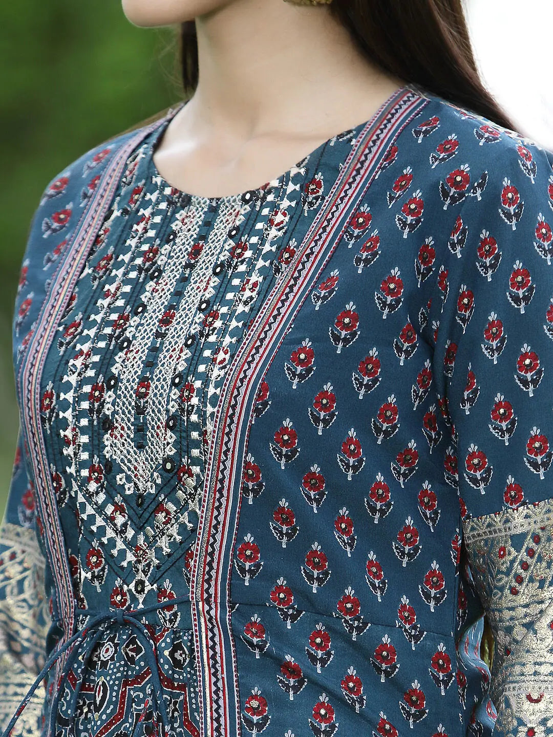 Teal Tiered Kurta: Floral Cotton Indian Kurta for Festivities