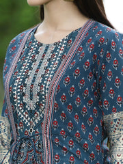 Women Teal Chanderi Festive Printed Tiered Kurta