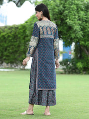 Women Teal Chanderi Festive Printed Tiered Kurta