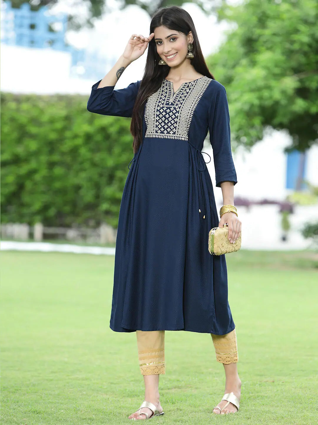 Women Navy Rayon Festive Embroidered Flared Kurta