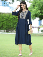 Women Navy Rayon Festive Embroidered Flared Kurta