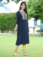 Women Navy Rayon Festive Embroidered Flared Kurta
