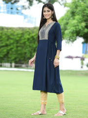 Women Navy Rayon Festive Embroidered Flared Kurta
