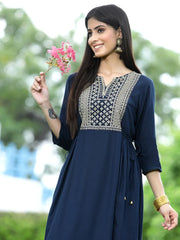 Women Navy Rayon Festive Embroidered Flared Kurta