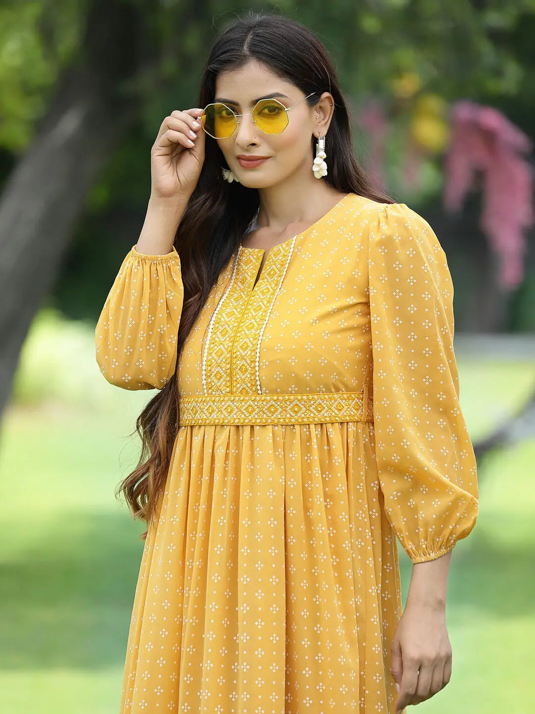 Mustard Khadi Print Flared Dress | Indian Cotton Dresses Online
