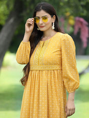 Mustard Georgette Festive Khadi Print Flared Dress For Women