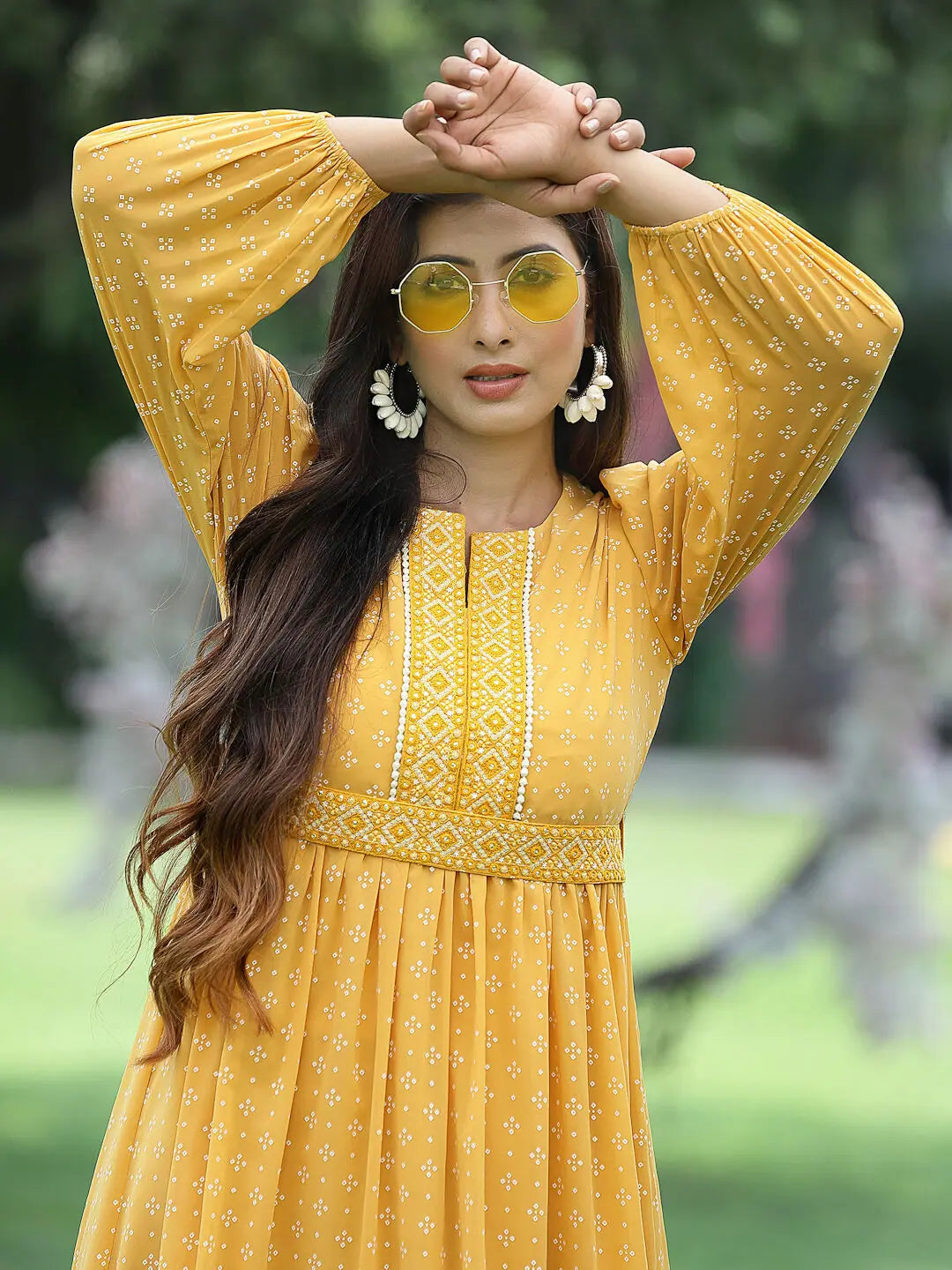 Mustard Khadi Print Flared Dress | Indian Cotton Dresses Online