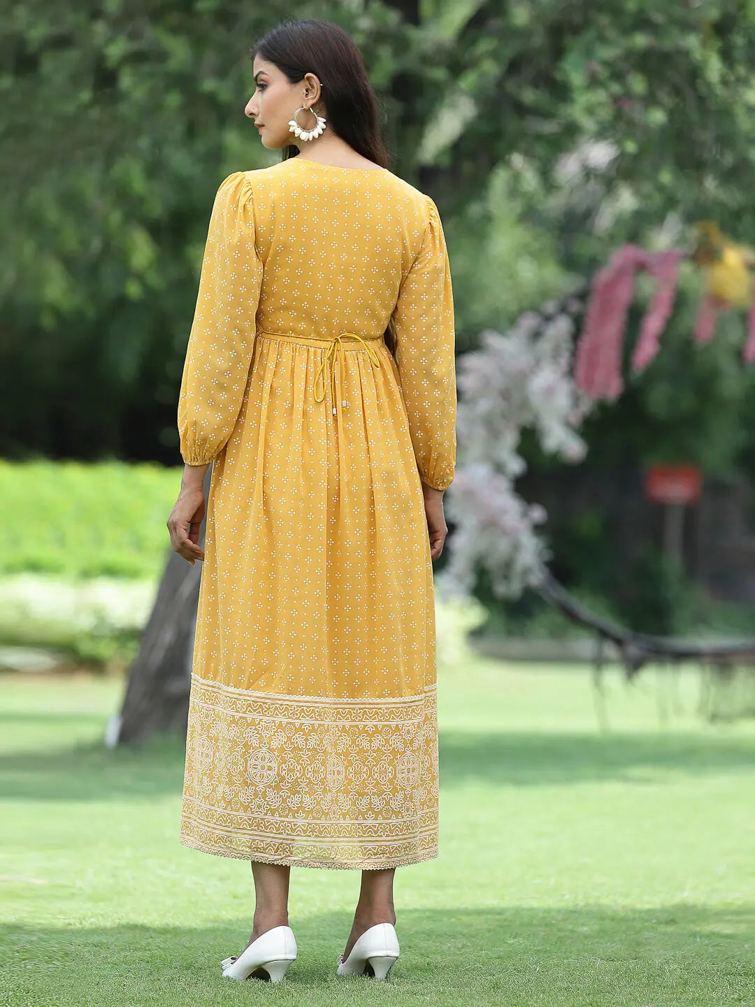 Mustard Khadi Print Flared Dress | Indian Cotton Dresses Online