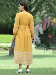 Mustard Georgette Festive Khadi Print Flared Dress For Women