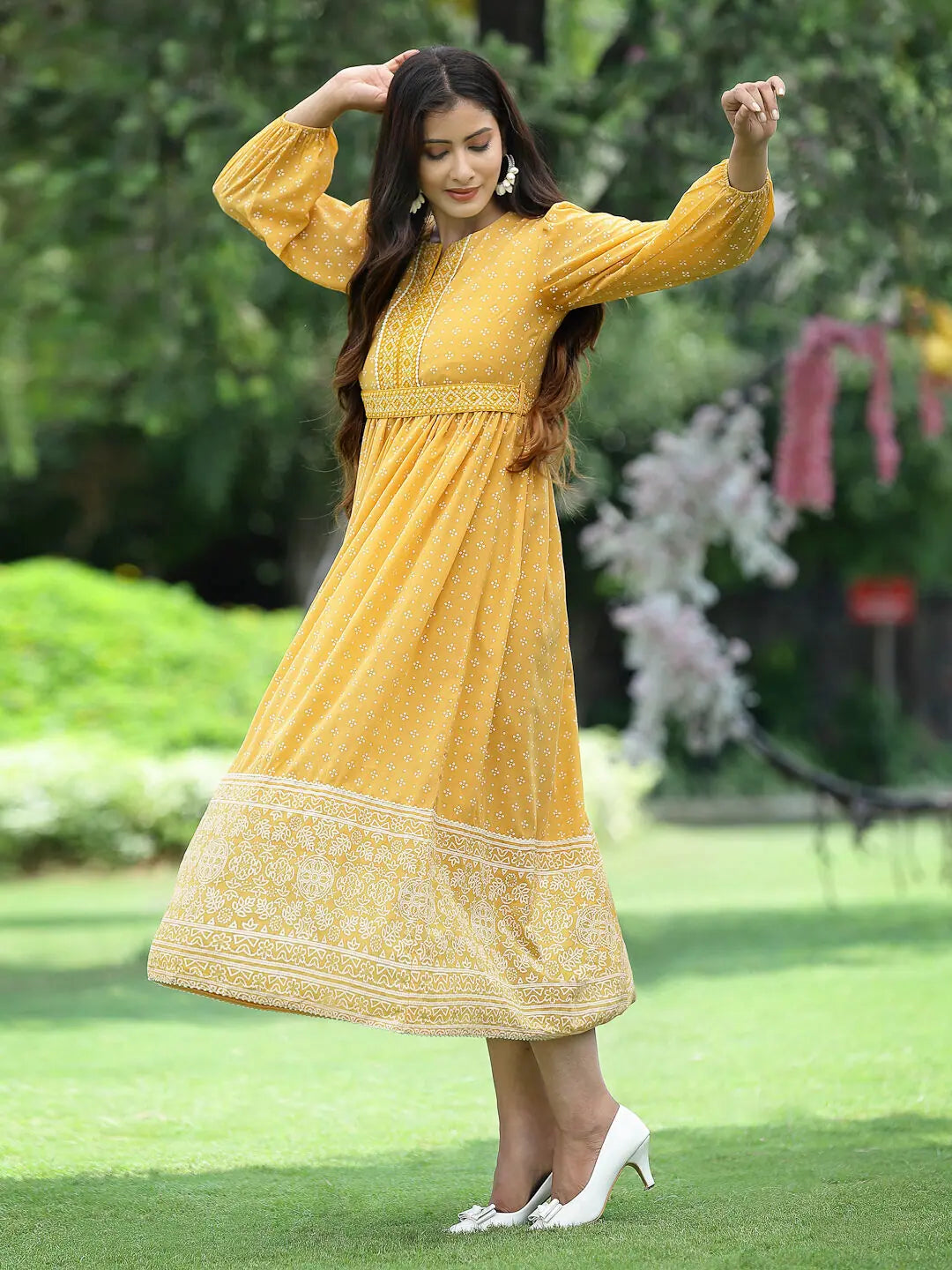 Mustard Khadi Print Flared Dress | Indian Cotton Dresses Online