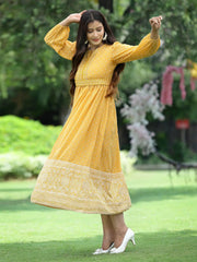 Mustard Georgette Festive Khadi Print Flared Dress For Women