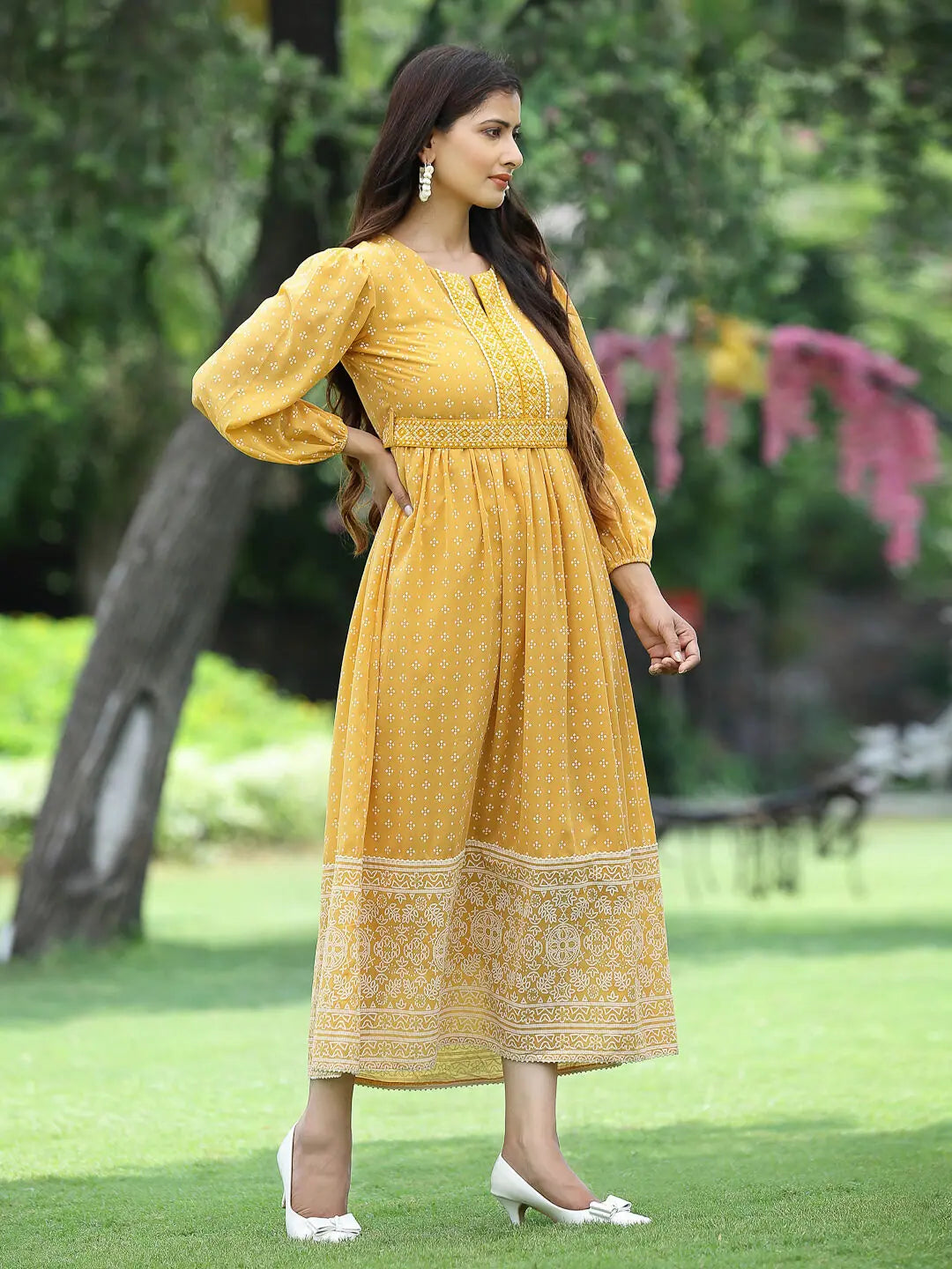 Mustard Khadi Print Flared Dress | Indian Cotton Dresses Online Mustard Khadi Print Flared Dress | Indian Cotton Dresses Online