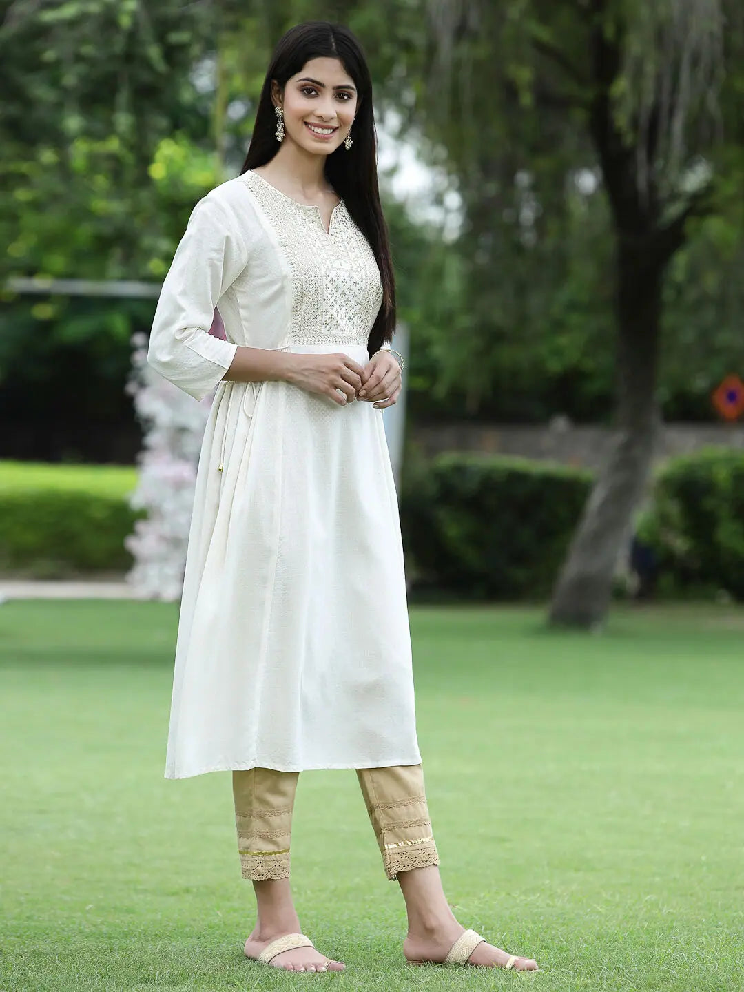 Ivory Embroidered Flared Kurta - Women's Indian Kurtis