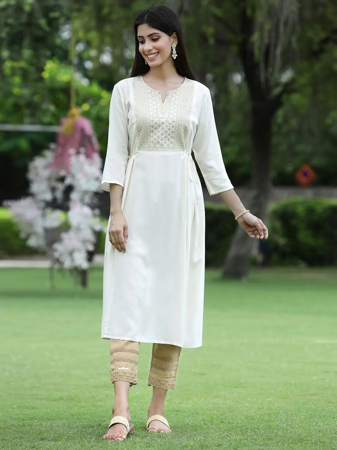 Ivory Embroidered Flared Kurta - Women's Indian Kurtis