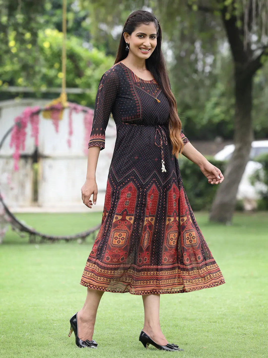 Black Printed A-Line Dress | Festive Indian Dresses Online