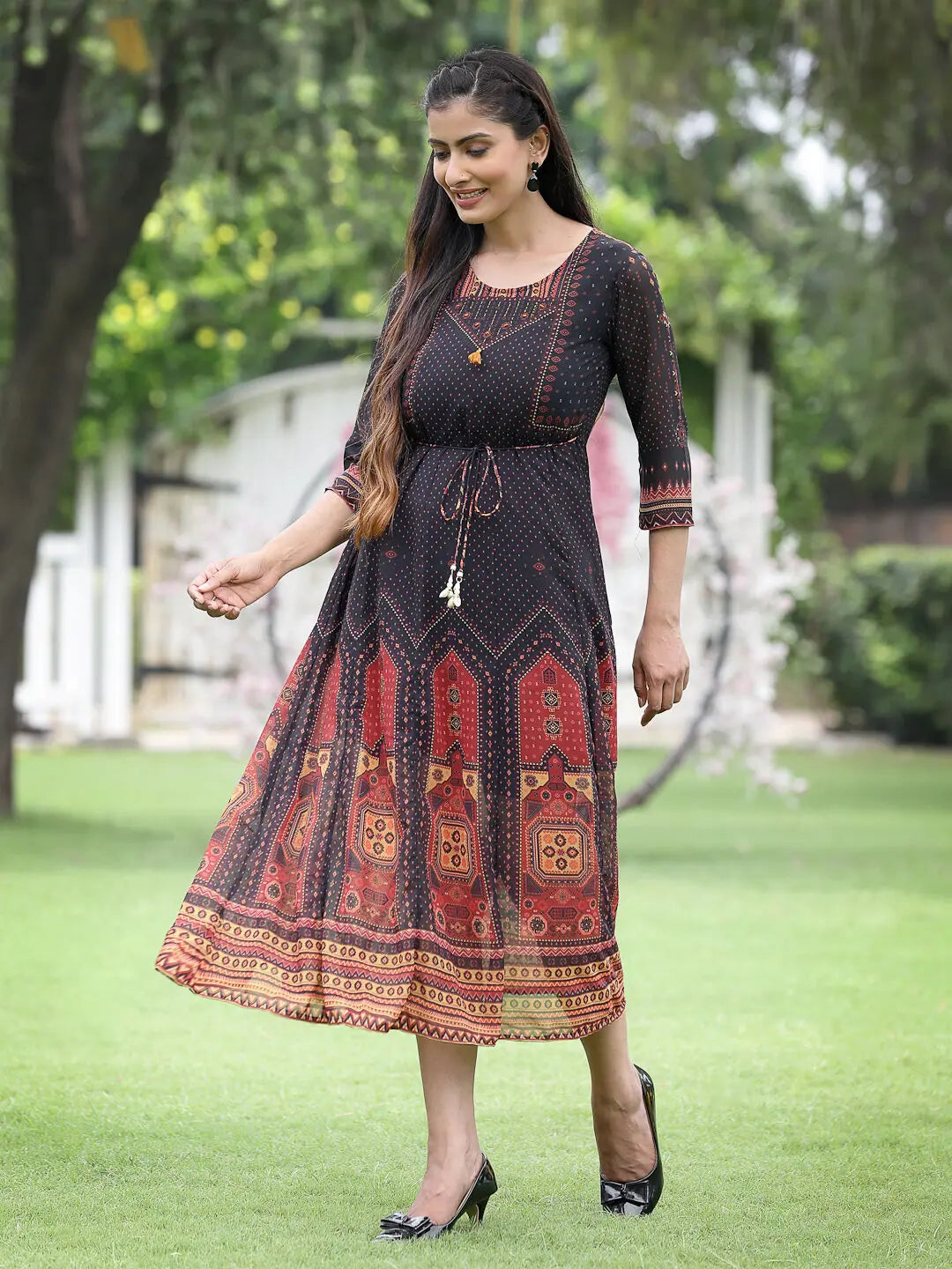 Black Printed A-Line Dress | Festive Indian Dresses Online