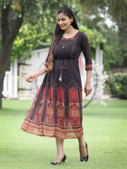 Black Georgette Festive Printed A-Line Dress For Women