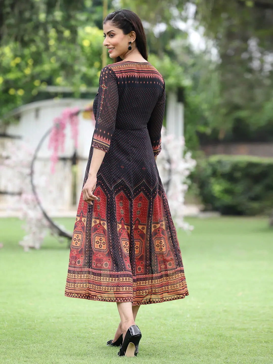 Black Printed A-Line Dress | Festive Indian Dresses Online