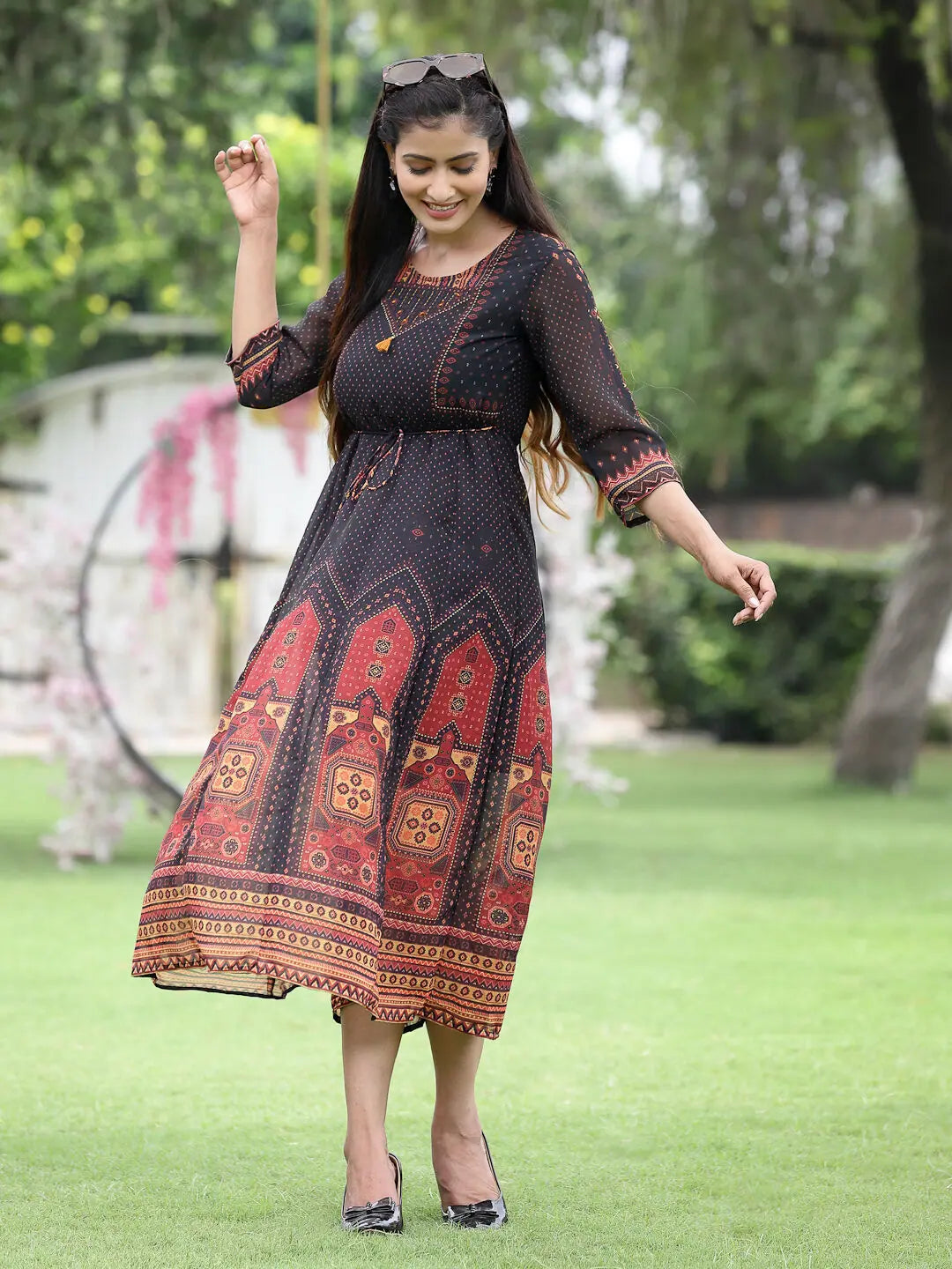 Black Printed A-Line Dress | Festive Indian Dresses Online