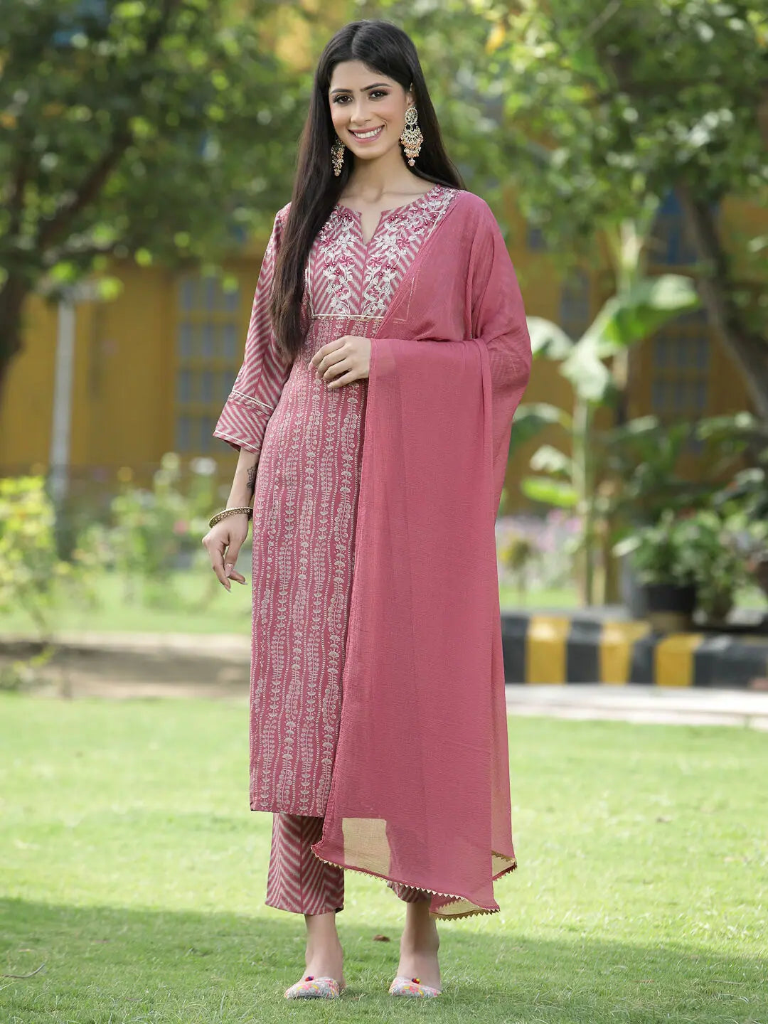 Pink Printed Skd - Linen Indian Kurta Sets for Women | [Brand]