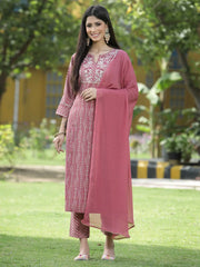 Onion Pink Muslin Festive Printed Straight Skd For Women