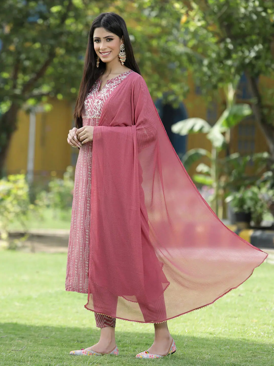 Pink Printed Skd - Linen Indian Kurta Sets for Women | [Brand]