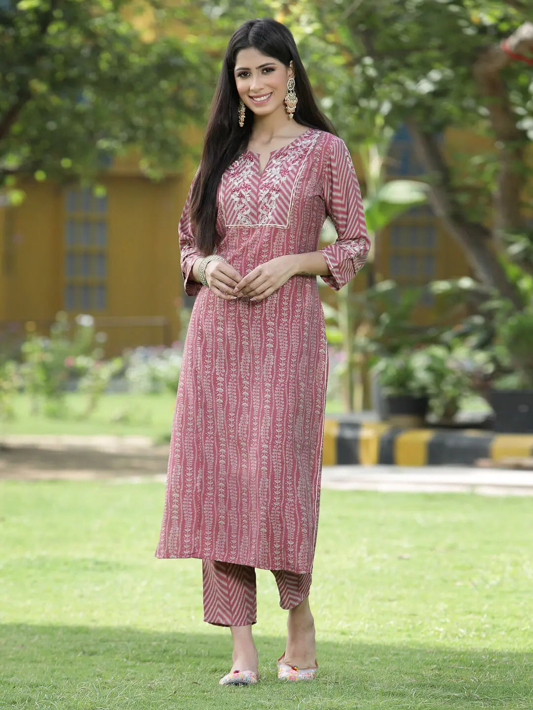 Pink Printed Skd - Linen Indian Kurta Sets for Women | [Brand]