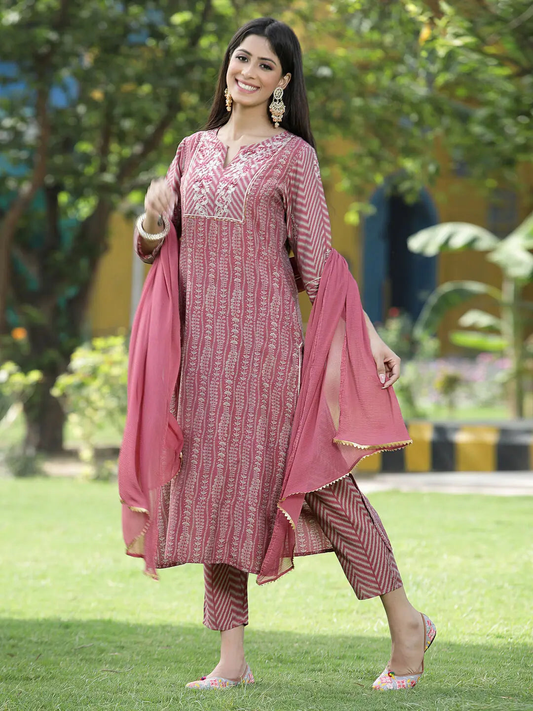 Pink Printed Skd - Linen Indian Kurta Sets for Women | [Brand]