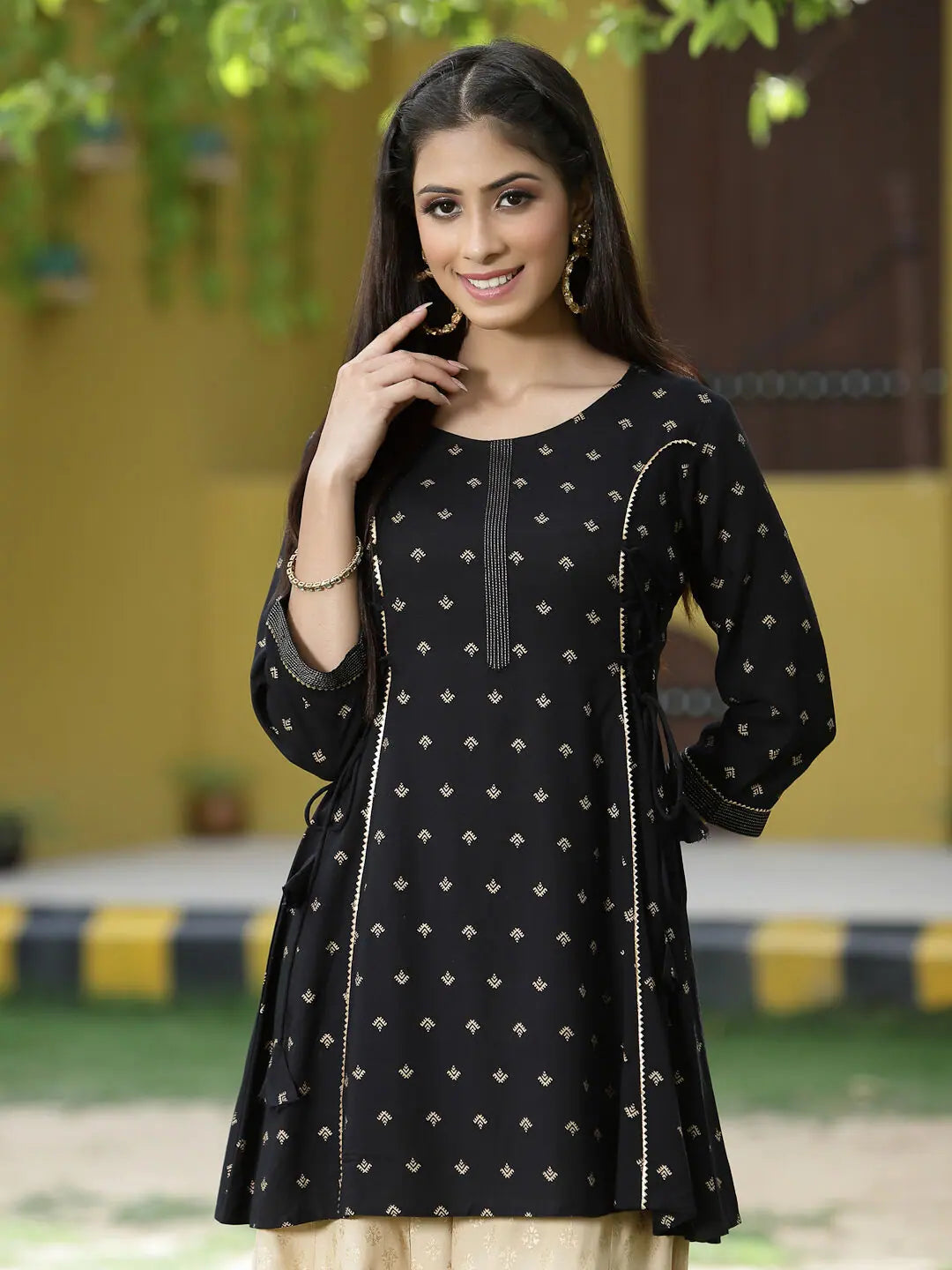Black Printed Tunic Top - A-Line Indian Kurtis for Women