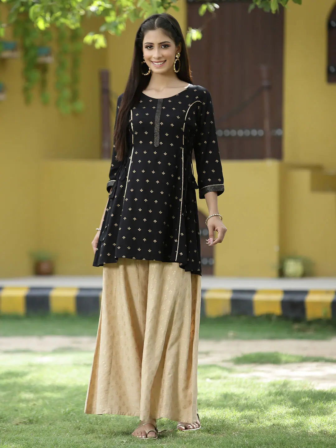 Black Rayon Festive Printed A-Line Tunic For Women