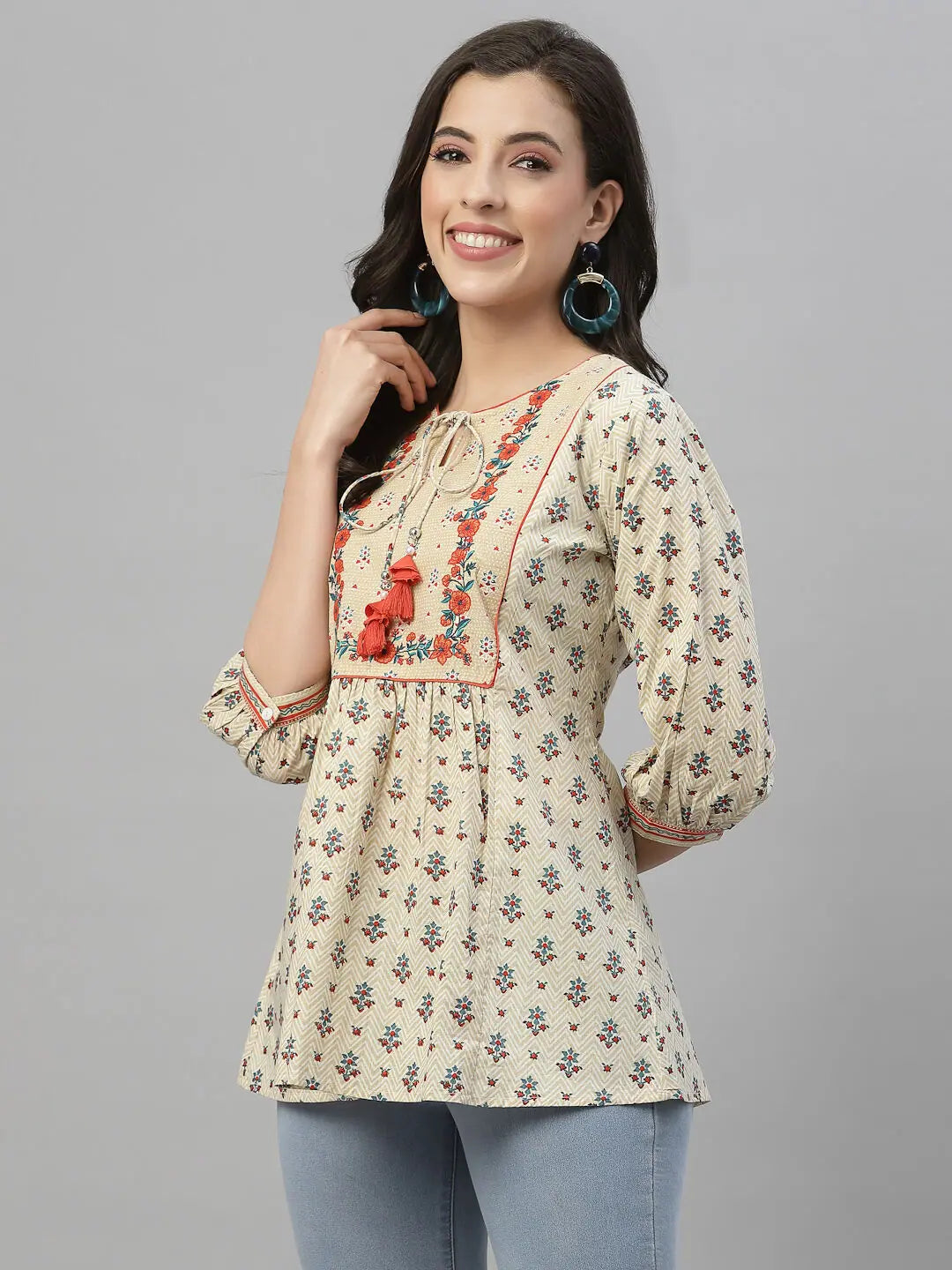 Beige Printed Tunic Top - Cotton Indian Kurta for Women