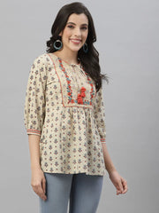 Beige Cambric Casual Wear Printed A-Line Tunic