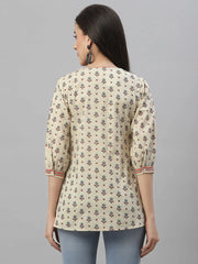Beige Cambric Casual Wear Printed A-Line Tunic