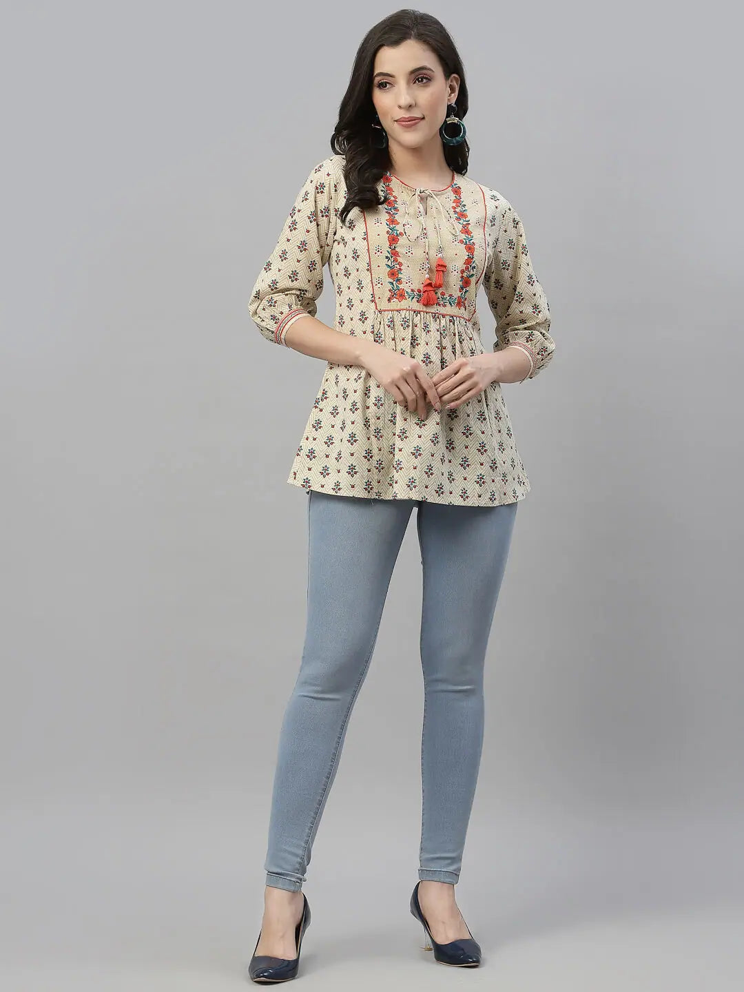 Beige Printed Tunic Top - Cotton Indian Kurta for Women