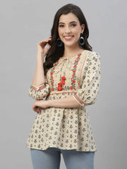 Beige Cambric Casual Wear Printed A-Line Tunic