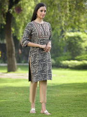 Black Rayon Festive Embroidered Printed Straight Tunic For Women